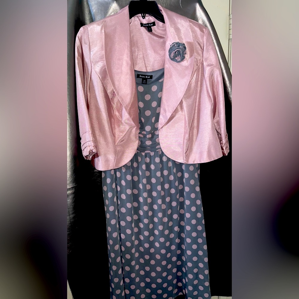 Dana Kay Blush Blazer with Grey Polka Dot Dress